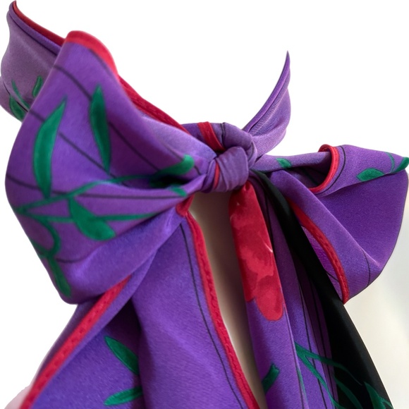 Vintage Vera Long Floral Scarf – Purple, Black & Red Flowers – 7” x 62” - Picture 4 of 7